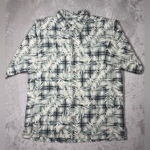Vintage Tommy Bahama 100% Silk Tropical Palm Plaid Green Cream Black Shirt M